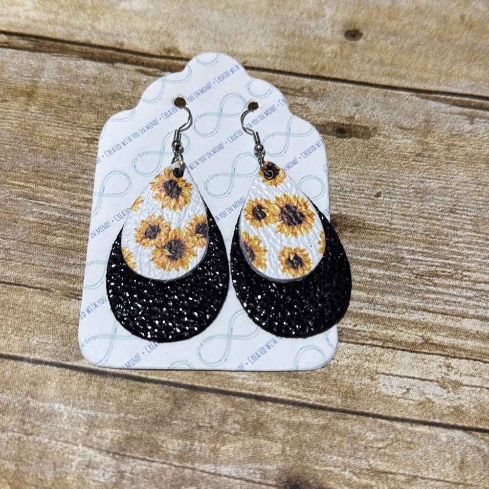 Sunflower Double Teardrop Leather Earrings